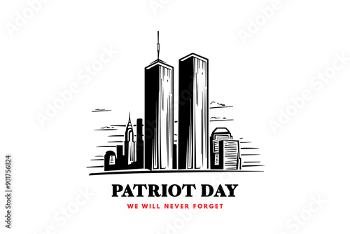 Monochrome illustration of NYC skyline with tribute to Patriot Day