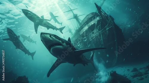 Wallpaper Mural a group of sharks circling a shipwreck underwater Torontodigital.ca