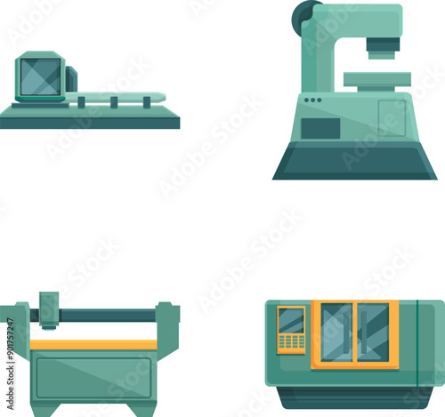 Mill machine icons set cartoon vector. Computer controlled milling machine. Industrial tool