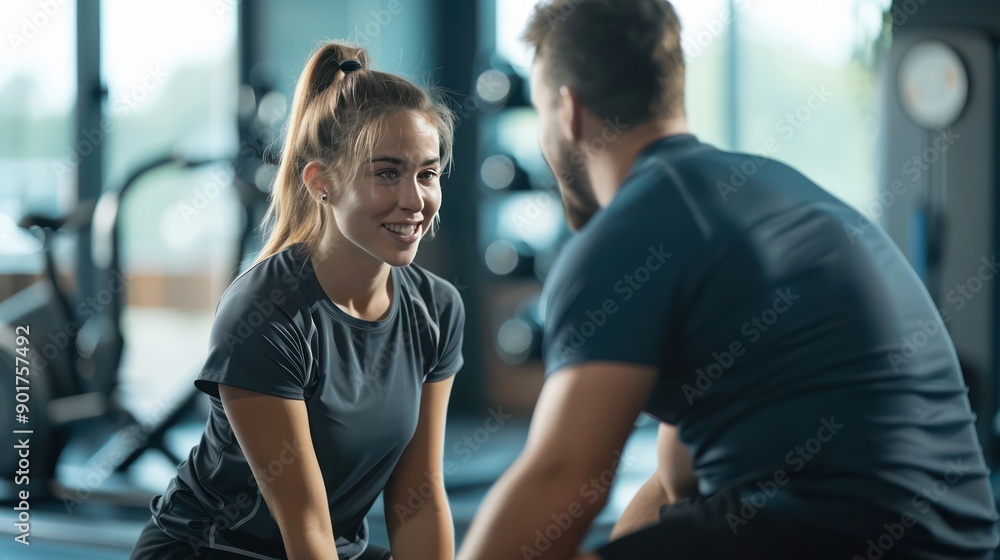 A personal trainer guiding a client through a workout A personal trainer guiding a client through a workout
