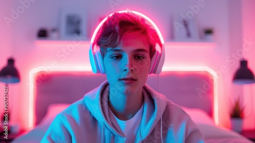 Digital Escape: Teenager Obsessively Streaming Music in Vibrant Multilayered Bedroom photo