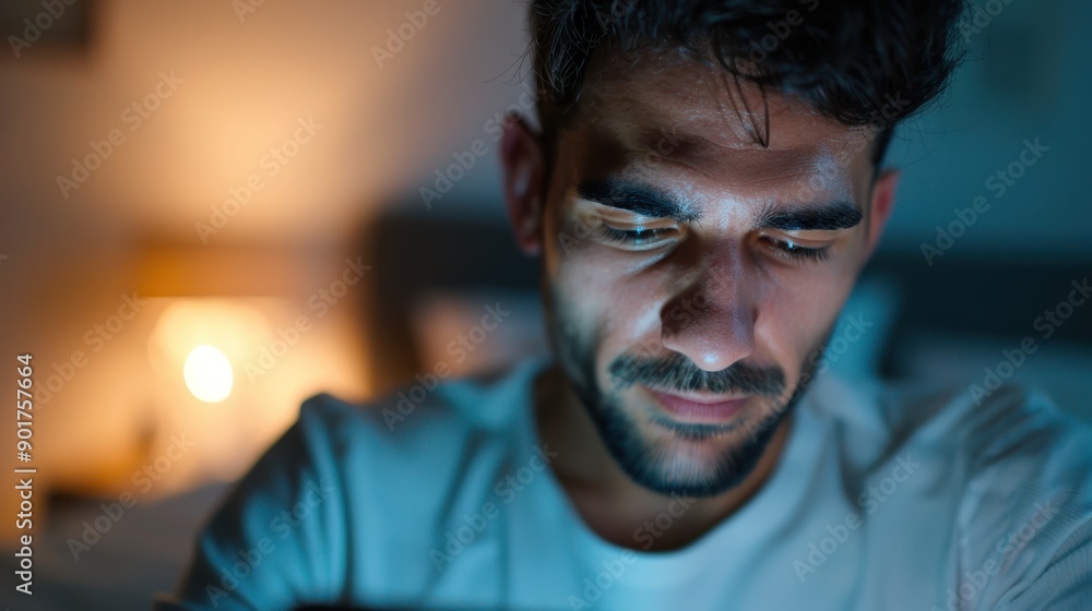 Modern Digital Addiction - Man Obsessively Using Smartphone Late at Night in Bedroom, Glowing Screen Close Up Modern Digital Addiction - Man Obsessively Using Smartphone Late at Night in Bedroom, Glowing Screen Close Up