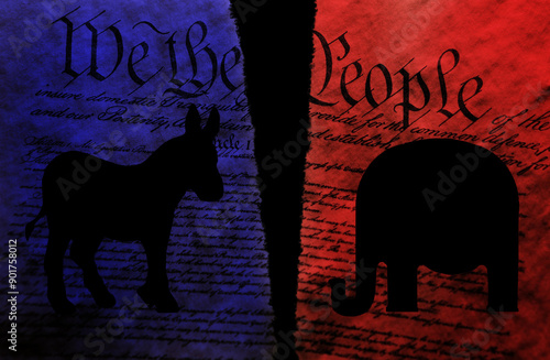 Quadro su tela Torn red and blue US Constitution with elephant and donkey representing politica