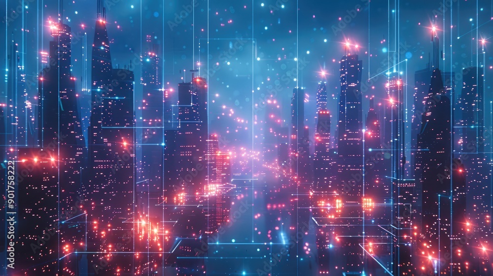 A futuristic smart city at night, with a network of connected dot points and gradient grid lines, highlighting the metaverse concept and big data, the city is bustling with lights and modern building. A futuristic smart city at night, with a network of connected dot points and gradient grid lines, highlighting the metaverse concept and big data, the city is bustling with lights and modern building.
