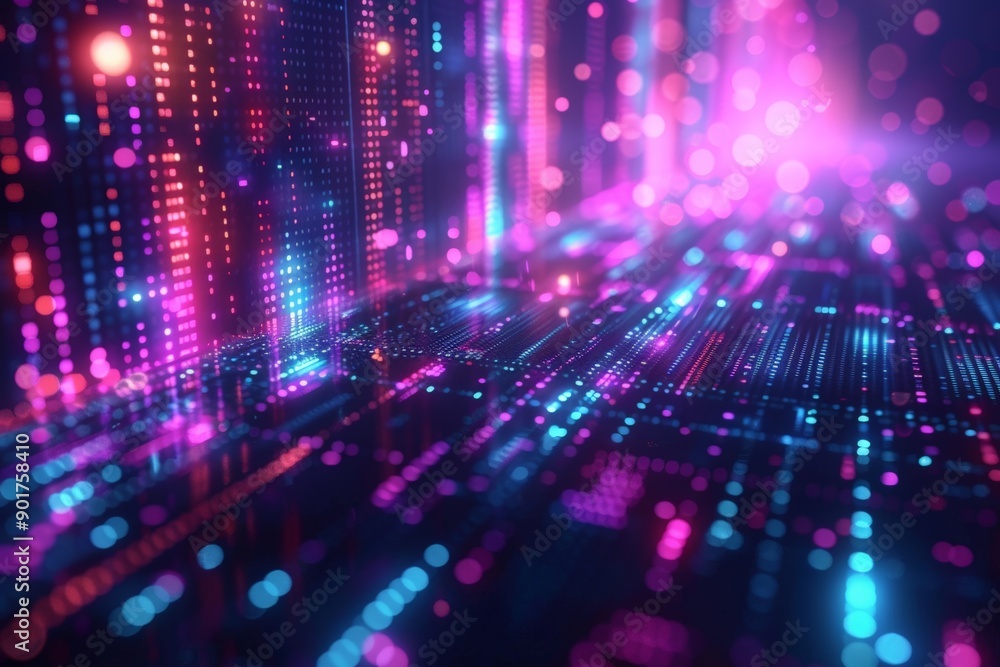 Abstract digital lights in pink and blue tones creating a futuristic cityscape. Abstract digital lights in pink and blue tones creating a futuristic cityscape.