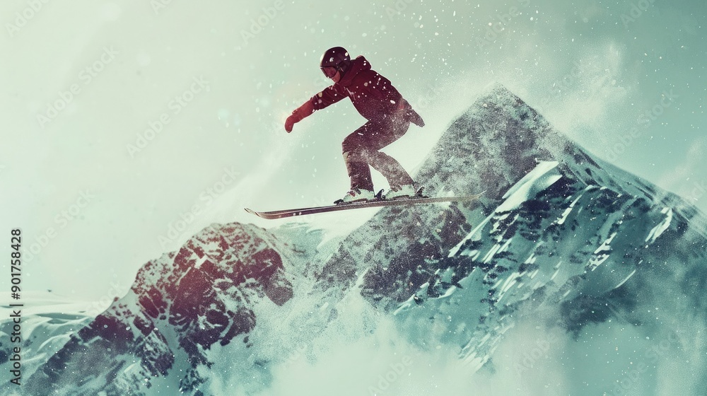 Ski jumper mid-air combined with a snowy mountain peak Double Exposure Ski jumper mid-air combined with a snowy mountain peak Double Exposure