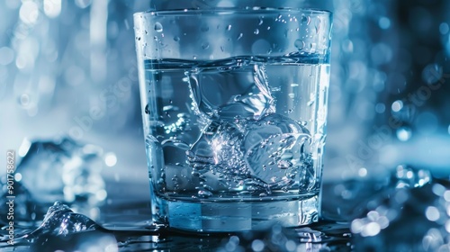 Glass of water with ice cubes on reflective surface