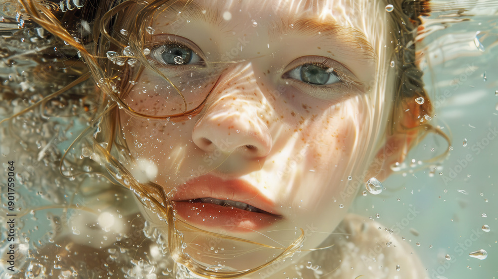 A photograph of a young girl with her face partially submerged in water, water distorting her features, dreamy and ethereal effect A photograph of a young girl with her face partially submerged in water, water distorting her features, dreamy and ethereal effect