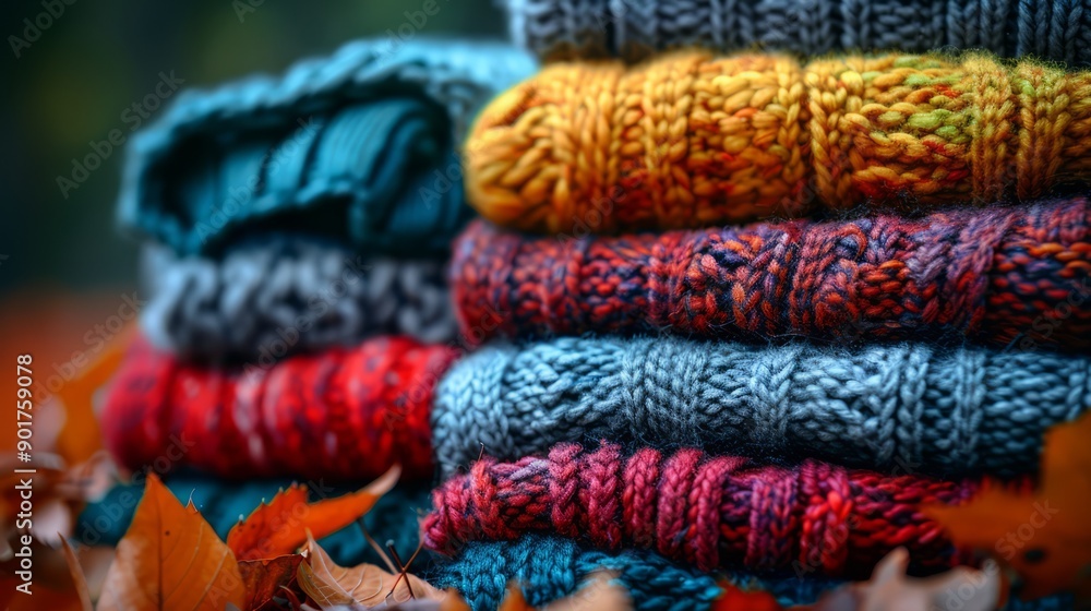 Fototapeta premium Neat stack of multi-colored warm, knitted, sweaters on an autumn background.