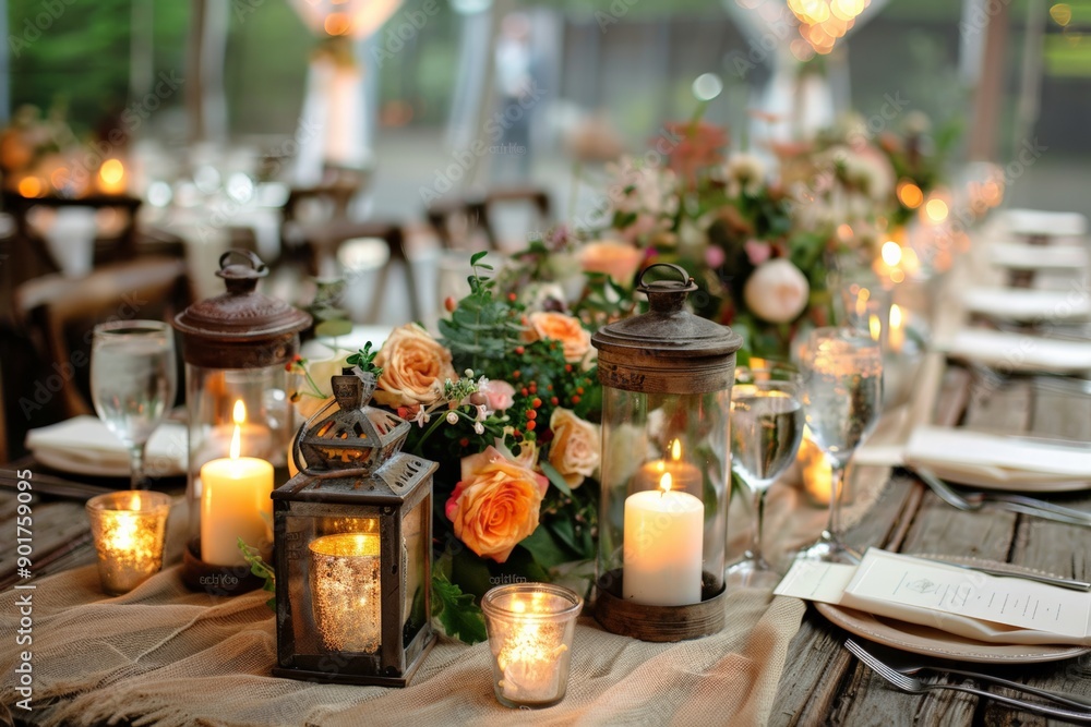 Elegant table setup with candles and flowers in a romantic setting. Elegant table setup with candles and flowers in a romantic setting.