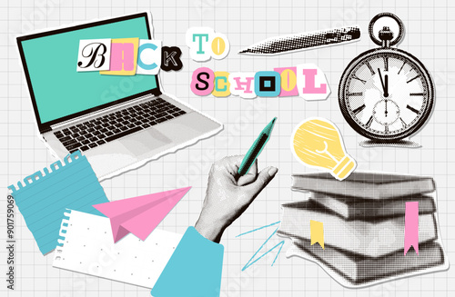Back to school halftone collage elements set. Trendy collage with halftone hand holding pencil, laptop, books stack, stopwatch and school supplies, Torn out retro zine concept. Vector illustration.