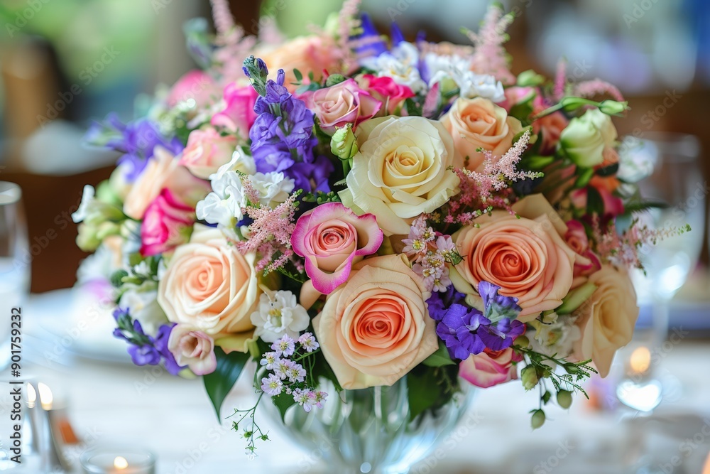 Elegant bouquet of roses and white flowers in a clear vase. Elegant bouquet of roses and white flowers in a clear vase.