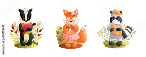 Chidren cute animal set. Adorable Cute Animal Figures Featuring a Badger, Fox, and Raccoon.