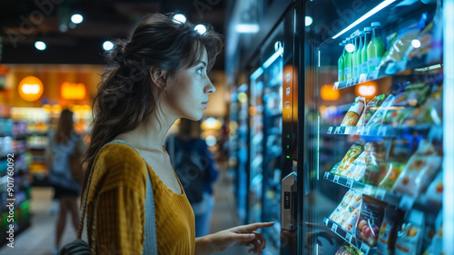 Young woman choosing dairy or chilled products in the supermarket in the refrigerator department, near the glass door of the refrigerator.