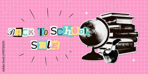 Back to school horizontal banner template. Halftone contemporary collage with cut-out books stack, globe and apple. Checkered banner, punk trendy vector illustrations.