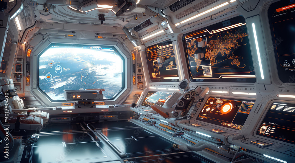 A space station command center with a panoramic view of the cosmos, featuring holographic charts, mission status updates. Generative AI. A space station command center with a panoramic view of the cosmos, featuring holographic charts, mission status updates. Generative AI.