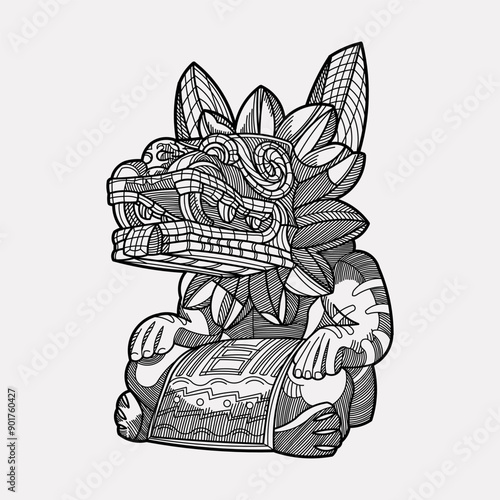 Hand drawn aztec dragon quetzalcoatl mexican god