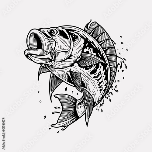 Largemouth bass fish vintage hand drawn illustration
