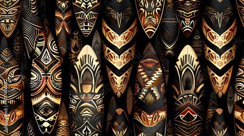 Seamless Pattern of Artfullycrafted Surfboards with Polynesian Tattoo Art and Earthy Tones photo