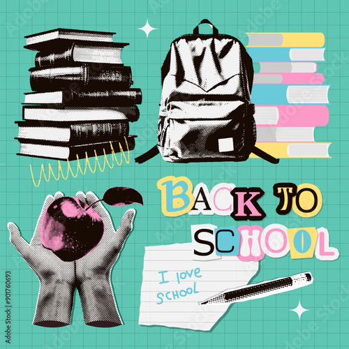 Back to school paper elements set. 90sstyle mixed media collage with halftone hands holding apple, stack of books, backpack and school supplies. Trendy childish Knowledge concept. Isolated vector