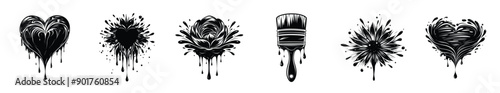 Black paint dripping from various objects, liquid ink messy