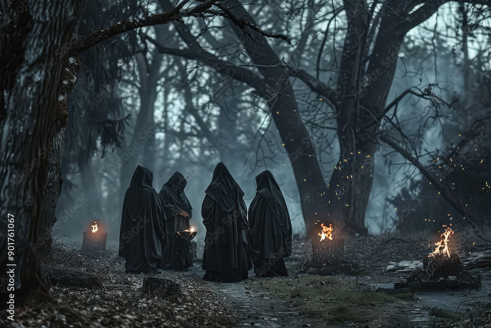 Four people are walking through a forest, each holding a lantern Four people are walking through a forest, each holding a lantern