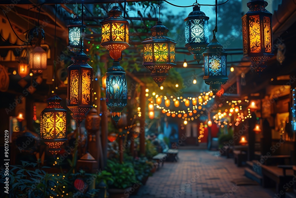 a street with lanterns and lights. a street with lanterns and lights.