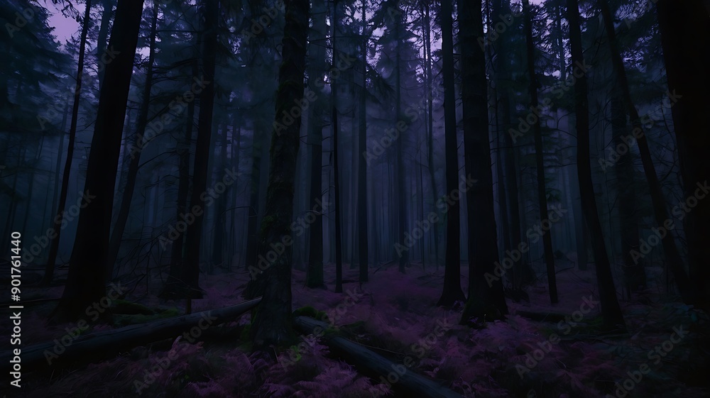 Obraz premium Mysterious forest in the dark night, purple and black theme foggy misty jungle, solitude and spooky woods