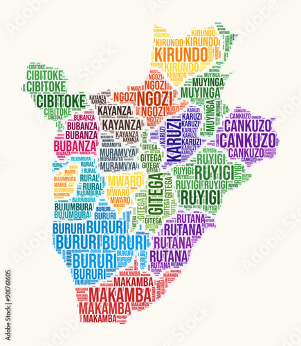 Burundi regions word cloud. Country logo design. Regions typography style vector image. Burundi colored text cloud. Classy vector illustration.