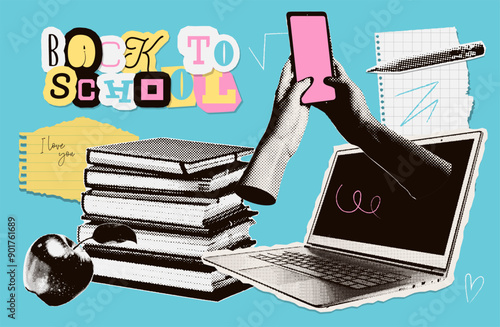 Back to school trendy halftone collage elements set with doodles and cutout zine lettering. Books stack, laptop, apple, hands holding phone, stationery. Concept of learning, knowledge. Isolated vector