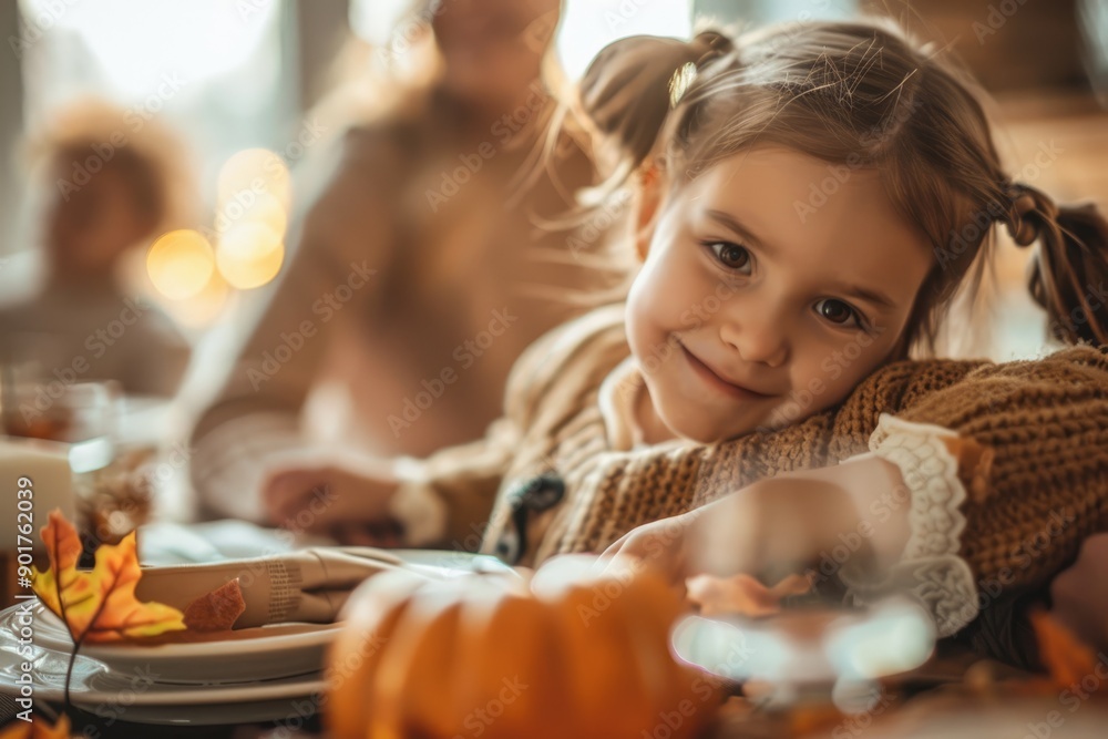 Girl with pigtails smiling at Thanksgiving dinner, warm tones. Girl with pigtails smiling at Thanksgiving dinner, warm tones.