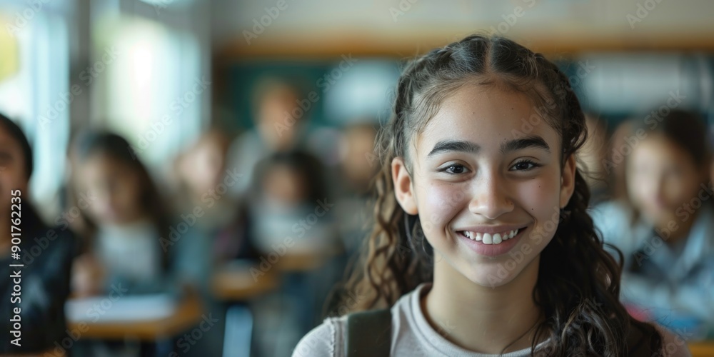 A young girl smiling in front of a classroom full of students, ideal for educational and teaching concepts A young girl smiling in front of a classroom full of students, ideal for educational and teaching concepts