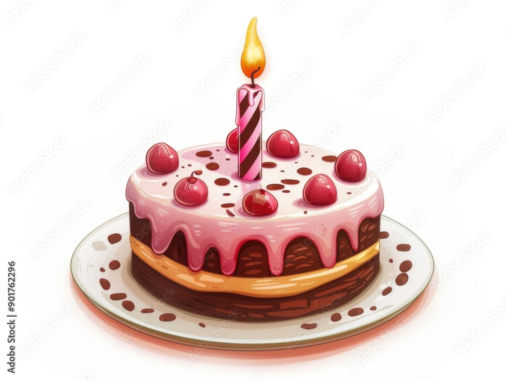 A decorated birthday cake with a single lit candle on top, perfect for celebrating special occasions A decorated birthday cake with a single lit candle on top, perfect for celebrating special occasions