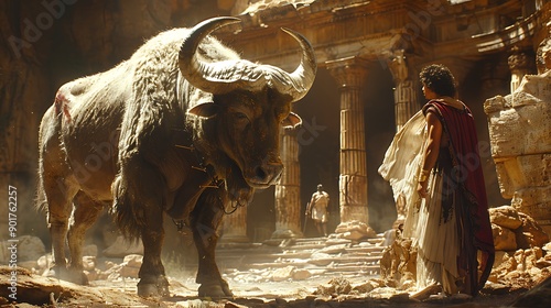 Dramatic scene of the mythological Greek hero Theseus slaying the Minotaur showcasing his bravery and strength set in the labyrinth's dark and winding corridors photo