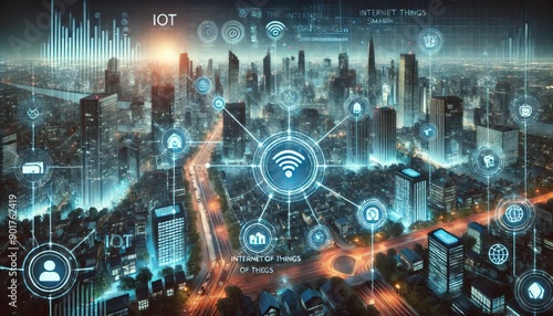 3d illustration of smart city with internet of things networks and digital icons at night