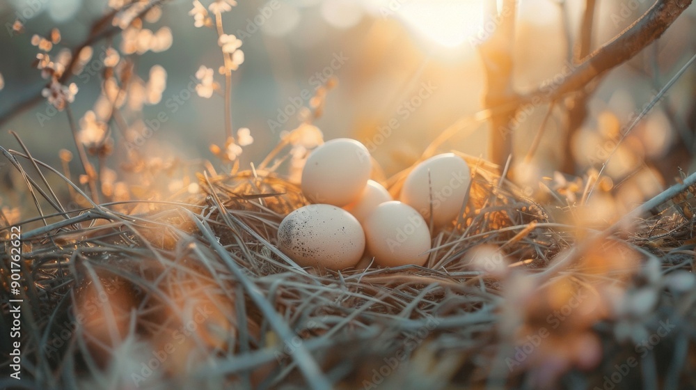 Nest with eggs in the morning sunlight Nest with eggs in the morning sunlight