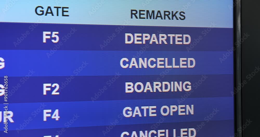 Flight information display at airport departure hall, close-up view, showing flight statuses, gates, and remarks. Display language switches between English and Indonesian. Flight information display at airport departure hall, close-up view, showing flight statuses, gates, and remarks. Display language switches between English and Indonesian.