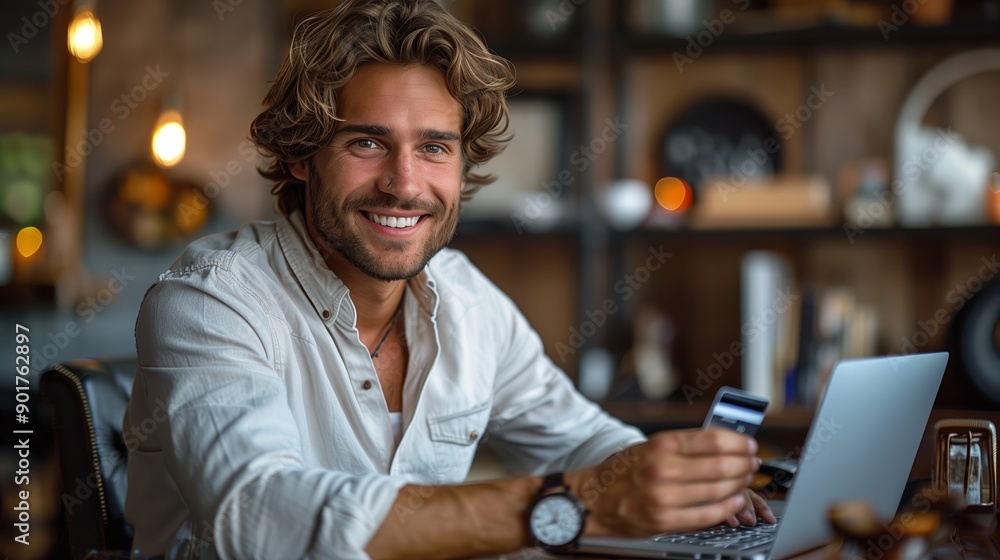 Obraz premium Smiling Young Man Using Credit Card for Online Shopping in Cozy Cafe Setting