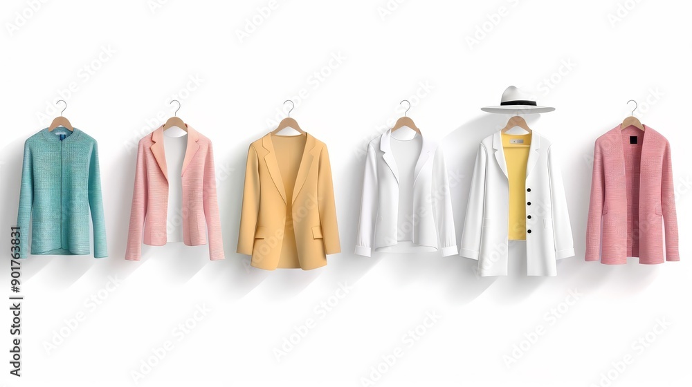 A row of clothes hanging on a rack, including a yellow jacket and a white jacket A row of clothes hanging on a rack, including a yellow jacket and a white jacket