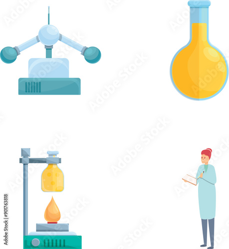 Laboratory experience icons set cartoon vector. Woman scientist in laboratory. Chemistry and science