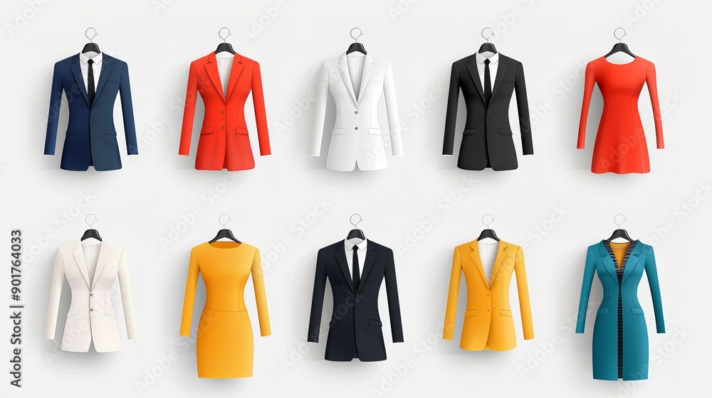 A collection of suits and dresses hanging on a rack A collection of suits and dresses hanging on a rack
