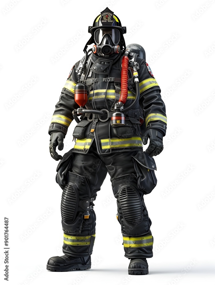 Confident Firefighter in Full Protective Gear Stands Ready to Respond Confident Firefighter in Full Protective Gear Stands Ready to Respond