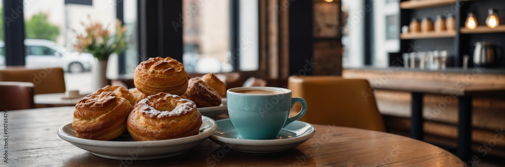 Cozy coffee shop setup with fresh pastries and modern decor. Kafe ...