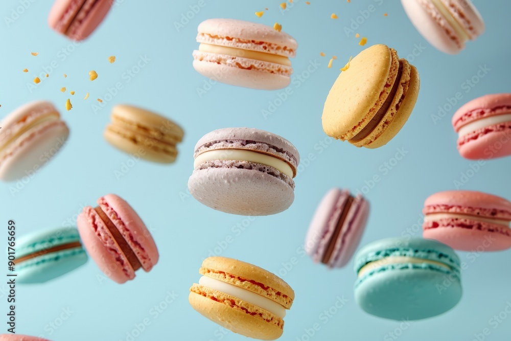 Floating colorful macarons against a light blue background, showcasing their vibrant hues and delicate textures. Floating colorful macarons against a light blue background, showcasing their vibrant hues and delicate textures.