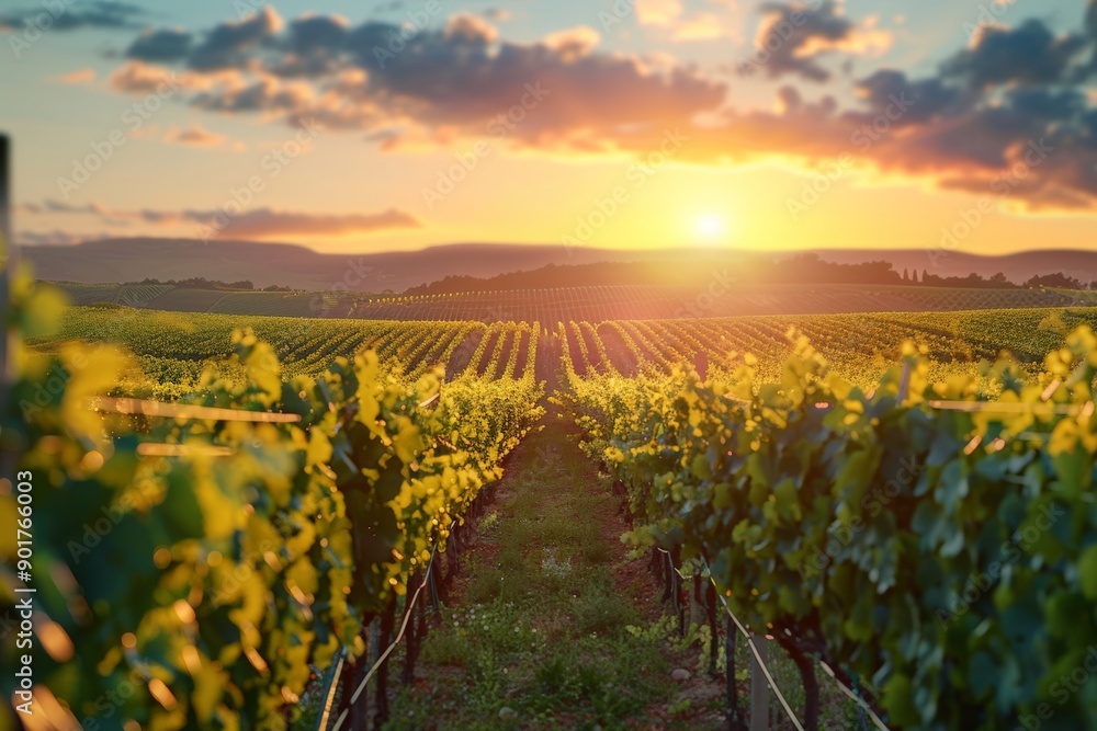 Fototapeta premium Lush vineyard with ripe grapes basking in the warm glow of a sunset, showcasing the beauty of wine country.