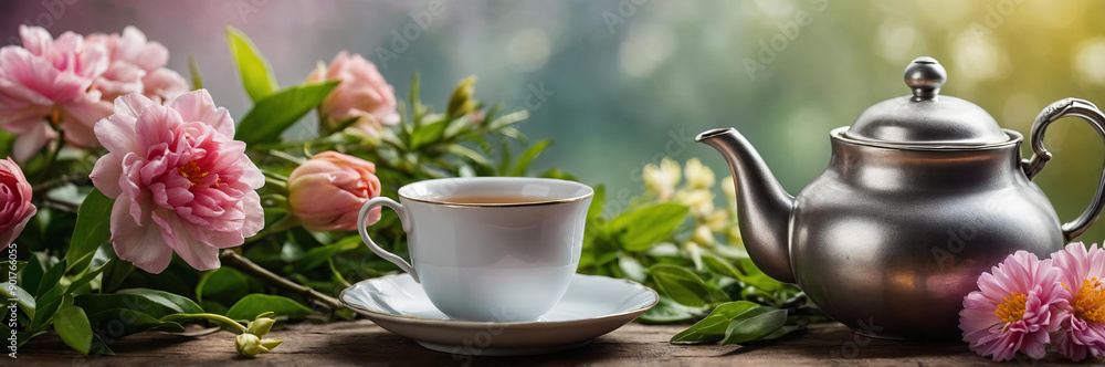 Tea and flowers on spring background. Copy Space for text. Close up. Poster for presentation Tea and flowers on spring background. Copy Space for text. Close up. Poster for presentation