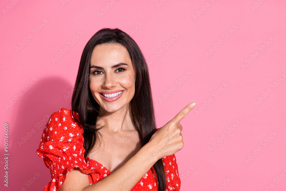 Portrait of brunette hair charming young lady in red glamour vintage blouse index finger empty blank space isolated on pink color background Portrait of brunette hair charming young lady in red glamour vintage blouse index finger empty blank space isolated on pink color background