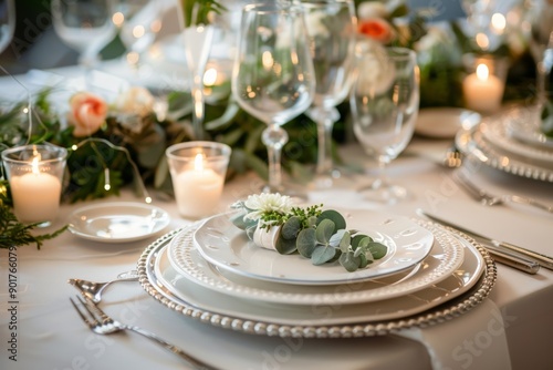 Elegant wedding table setting with candles and flowers, creating a romantic and sophisticated ambiance.