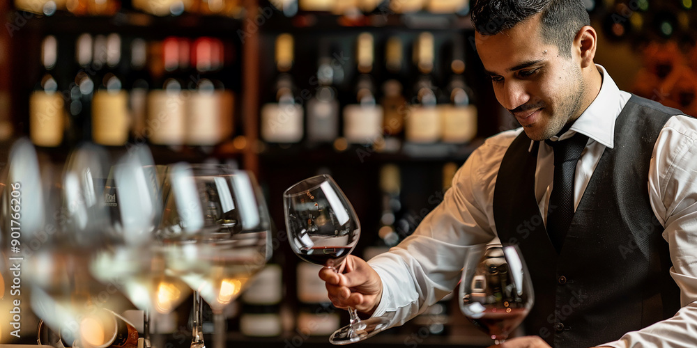 portrait of a sommelier standing at a liquor counter portrait of a sommelier standing at a liquor counter