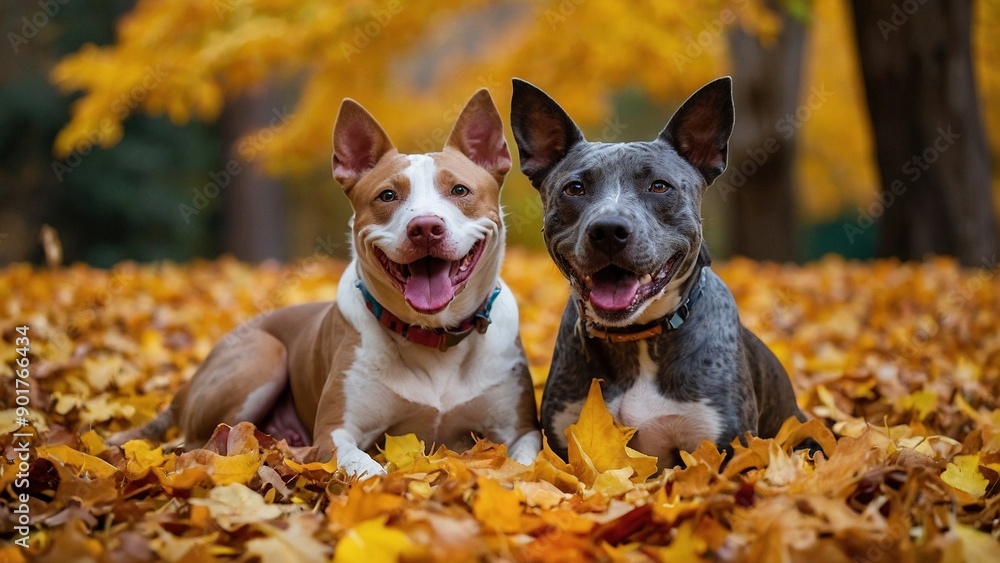Beautiful close-up portrait of a couple of happy smiling dogs in the autumn forest park surrounded by colorful yellow and orange fallen leaves. Fall season animal pet photography. Beautiful close-up portrait of a couple of happy smiling dogs in the autumn forest park surrounded by colorful yellow and orange fallen leaves. Fall season animal pet photography.